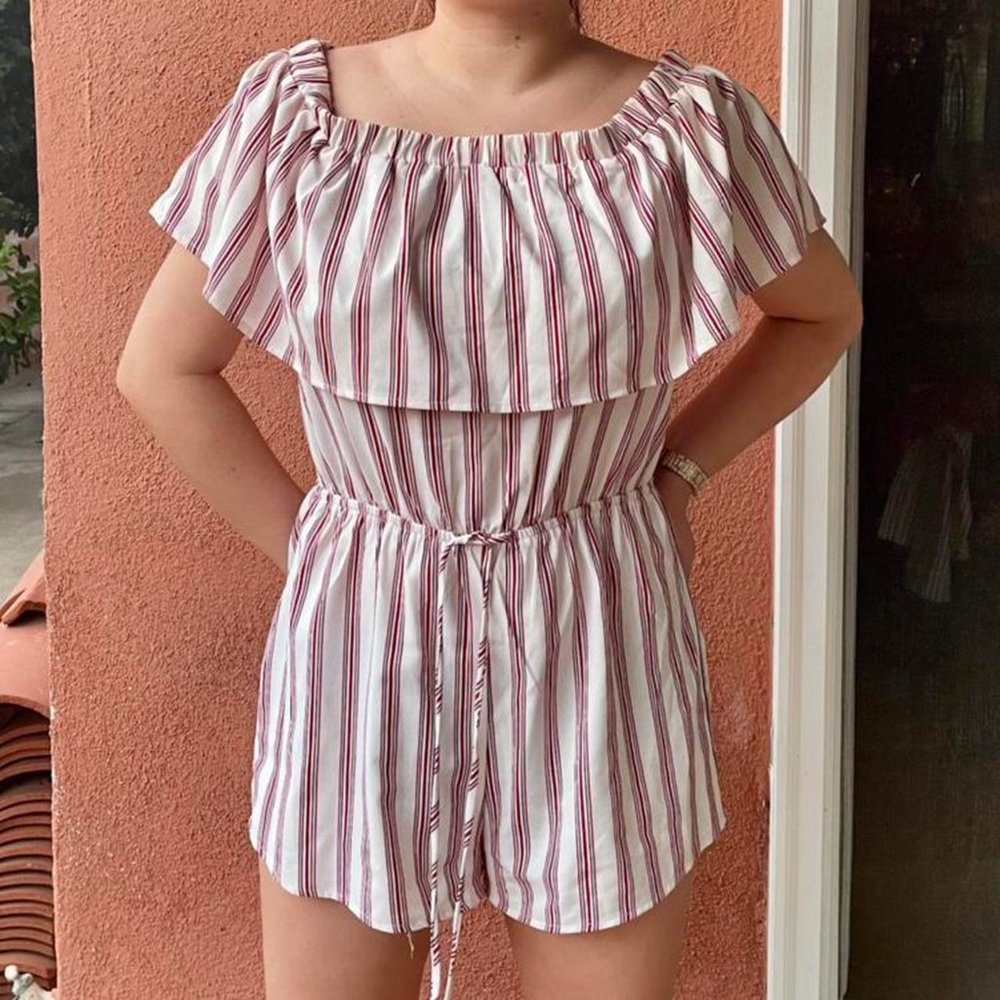 White, Red Stripe Off the Shoulder Romper